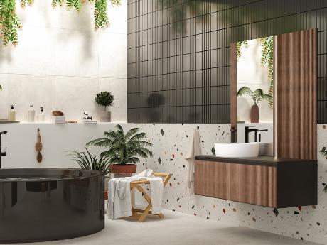 Inspirace koupelny s terrazzo obklady